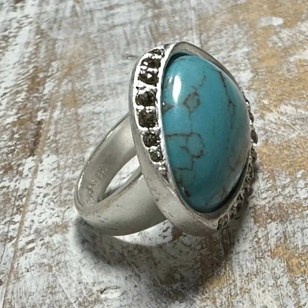 Lia Sophia Faux Turquoise Marcasite Teardrop Statement Ring Size 6 Silver Tone